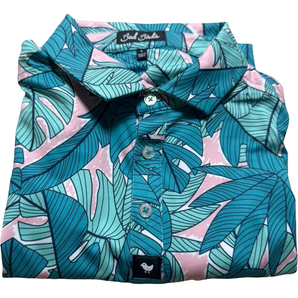 Bad Birdie Golf Polo Mens Large Teal Pink Tropical Monstera Good Stretch Top
